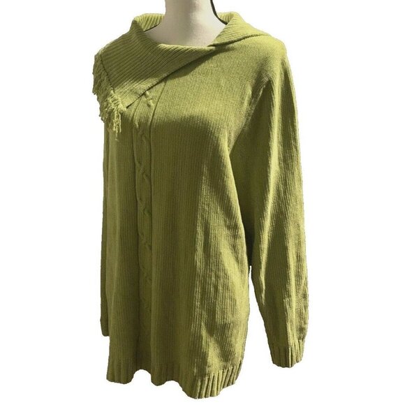 Knit & Pearl Women Cable Knit Sweater Size 1X Green Angel Flap Style Collar - Picture 2 of 12